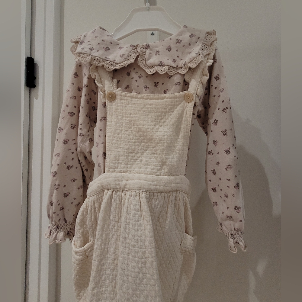 Zara Floral Blouse with Cream Pinafore Dress